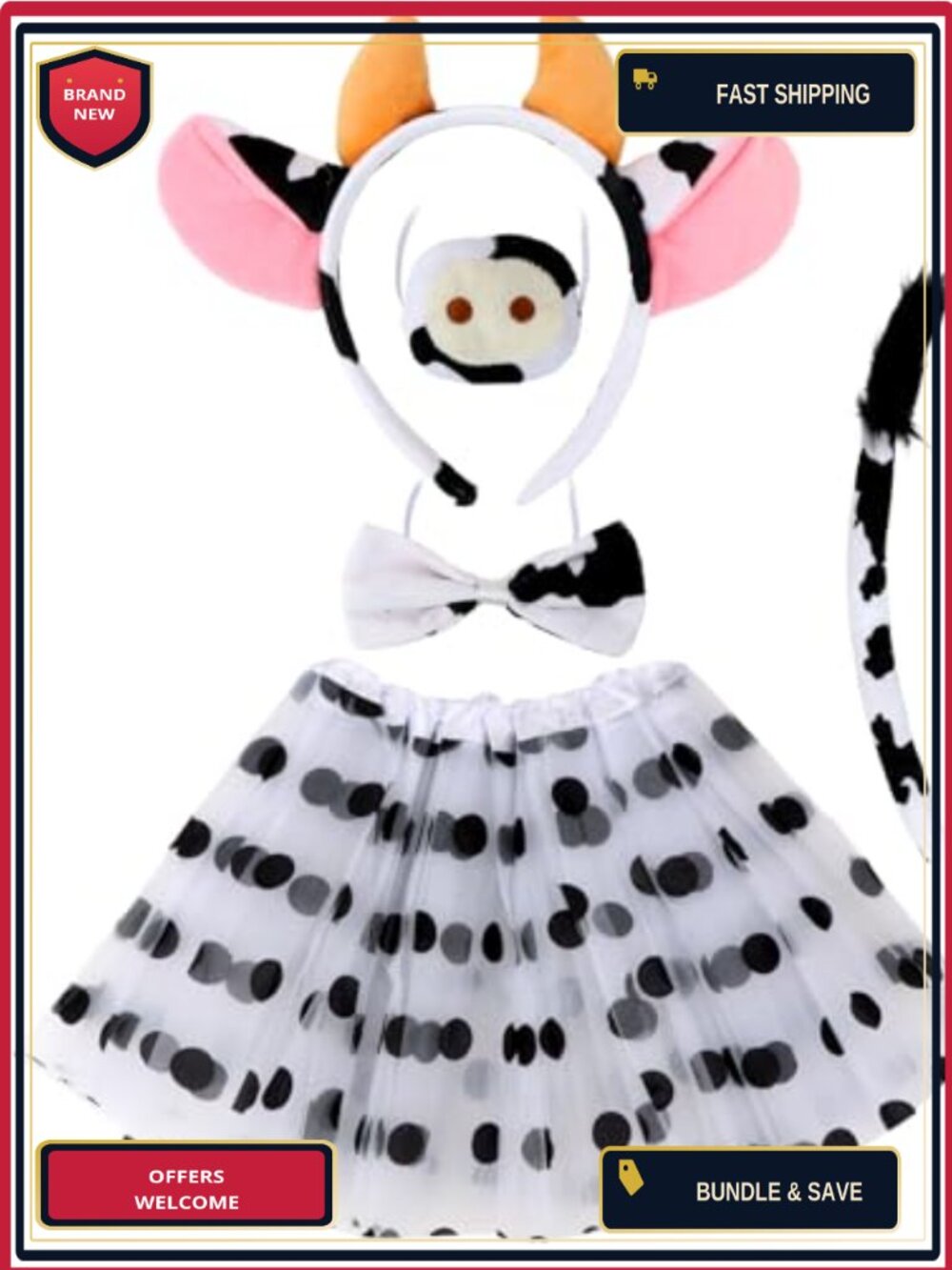 Cow Costume Set Plush Headband Clip-On Tail Tutu Nose Bowtie Cosplay